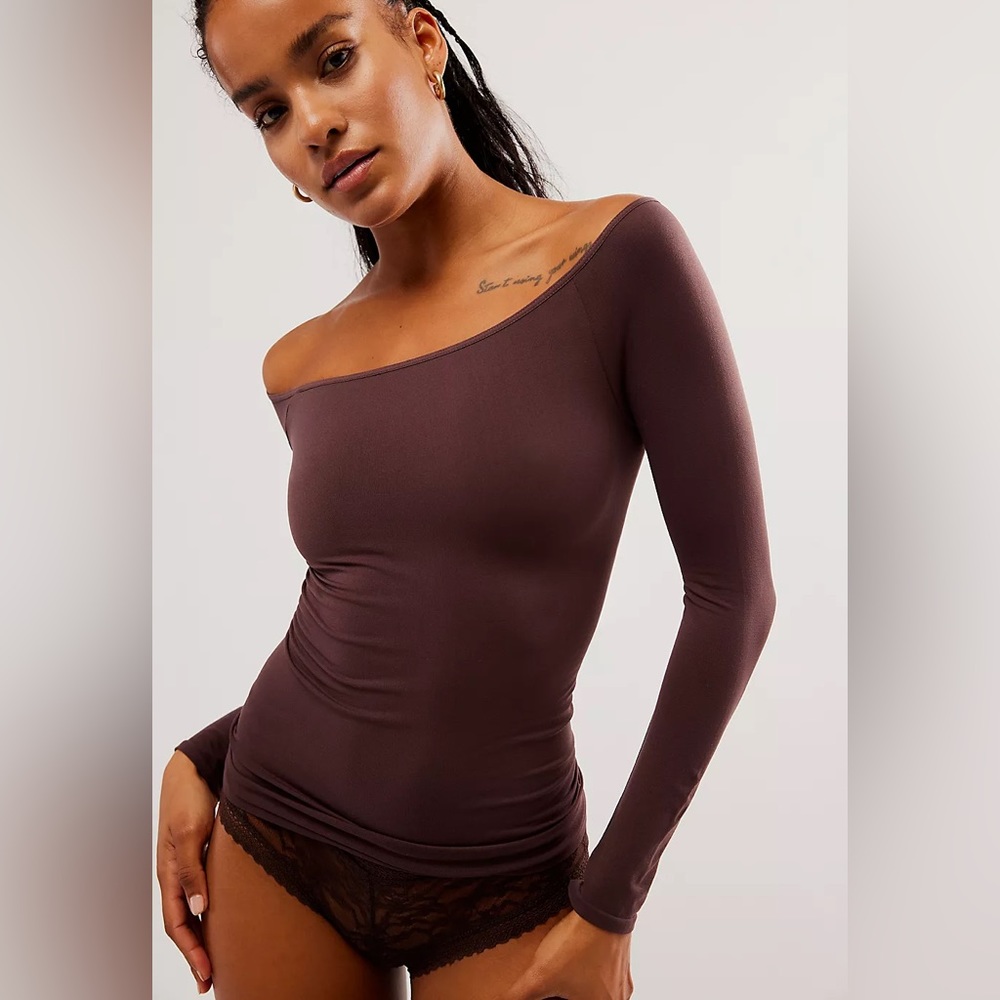 Free People Intimately Off The Shoulder Long Sleeve Top Chocolate Merlot